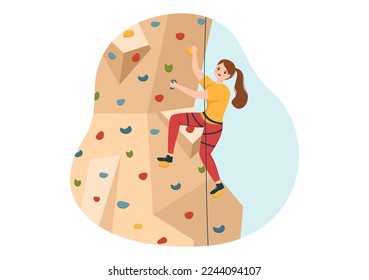 Cliff Climbing Illustration with Climber Climb Rock Wall or Mountain Cliffs and Extreme Activity Sport in Flat Cartoon Hand Drawn Template