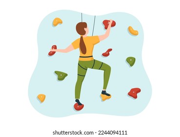 Cliff Climbing Illustration with Climber Climb Rock Wall or Mountain Cliffs and Extreme Activity Sport in Flat Cartoon Hand Drawn Template