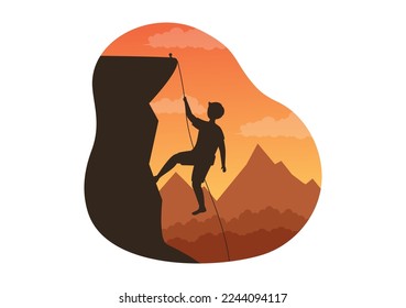 Cliff Climbing Illustration with Climber Climb Rock Wall or Mountain Cliffs and Extreme Activity Sport in Flat Cartoon Hand Drawn Template