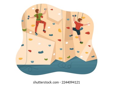 Cliff Climbing Illustration with Climber Climb Rock Wall or Mountain Cliffs and Extreme Activity Sport in Flat Cartoon Hand Drawn Template