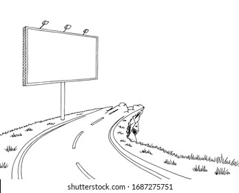 Cliff destroyed road billboard graphic black white landscape sketch illustration vector
