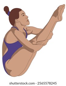 cliff diving or jumping, athletic female diver in mid-air jump isolated on a white background