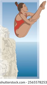 cliff diving or jumping, athletic female diver in mid-air from a rocky cliff with sky and water below