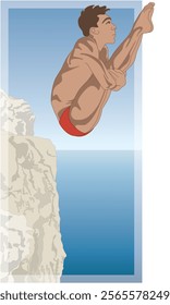 cliff diving or jumping, athletic male diver in mid-air from a rocky cliff with sky and water below