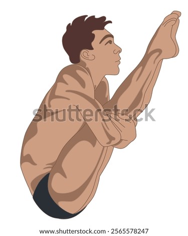cliff diving or jumping, athletic male diver in mid-air jump isolated on a white background