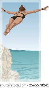 cliff diving or jumping, female diver arms outstretched in mid leap from a rocky cliff with turquoise water below