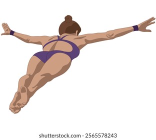 cliff diving or jumping, female diver arms outstretched in mid leap isolated on a white background