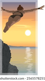 cliff diving or jumping, female diver arms outstretched in mid leap from a rocky cliff in the evening at sundown