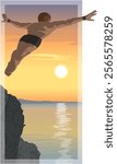 cliff diving or jumping, male diver arms outstretched in mid leap from a rocky cliff in the evening at sundown