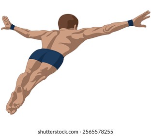 cliff diving or jumping, male diver arms outstretched in mid leap isolated on a white background