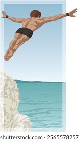 cliff diving or jumping, male diver arms outstretched in mid leap from a rocky cliff with turquoise water below