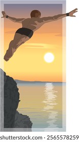 cliff diving or jumping, male diver arms outstretched in mid leap from a rocky cliff in the evening at sundown