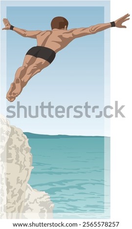 cliff diving or jumping, male diver arms outstretched in mid leap from a rocky cliff with turquoise water below