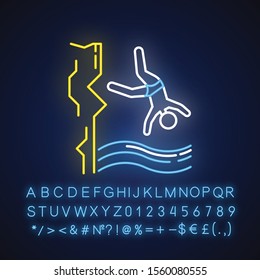 Cliff diving neon light icon. Watersports, extreme kind of sport. Recreational outdoor activity on big height. Glowing sign with alphabet, numbers and symbols. Vector isolated illustration