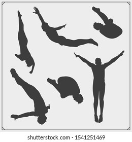 Cliff diving sport emblems, labels and design elements. Diving sport club logos and templates. Divers silhouettes.
