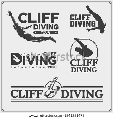 Cliff diving sport emblems, labels and design elements. Diving sport club logos and templates. Divers silhouettes.