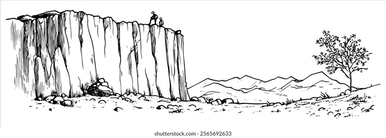 cliff edge with hiker and distant mountains illustration