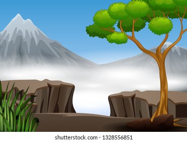 A cliff in the forest with mountain view nature landscape