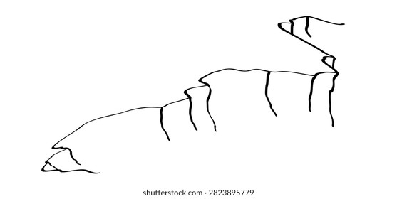 Cliff line pattern. Mountains or rocks, hills, stones. landscape. high mountains and cliffs. High rocky cliff edge with vegetation and cracks, hand drawn sketch. Silhouette, cliff edge with crack
