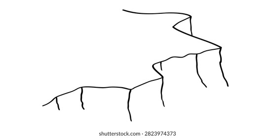 Cliff line pattern. Mountains or rocks, hills, stones. landscape. high mountains and cliffs. High rocky cliff edge with vegetation and cracks, hand drawn sketch. Silhouette, cliff edge with crack
