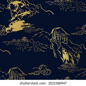 cliff mountain temlpe japanese chinese design sketch style seamless pattern black