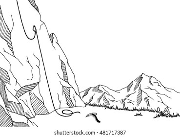 Cliff mountaineering graphic art black white landscape sketch illustration vector