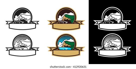 Cliff on the coast symbol with banner. There is two variants. Each variant consist of full color image and two one color images for light and dark backgrounds.