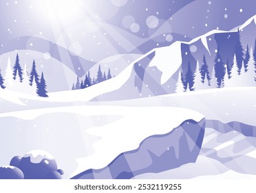 Cliff and riverside landscape view during winter with sunlight and snowfall.