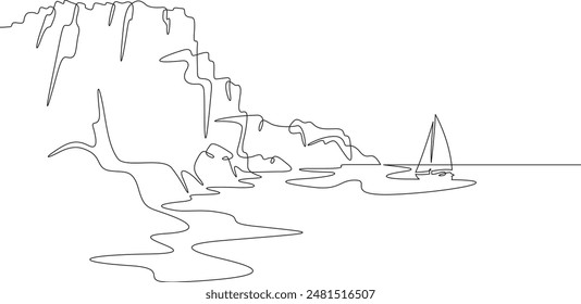 Cliff in the sea. Sea cliffs. Sailing yacht off the coast. Rocky shore. Bay in the ocean.One continuous line drawing on a white isolated background. Minimalism linear illustration.