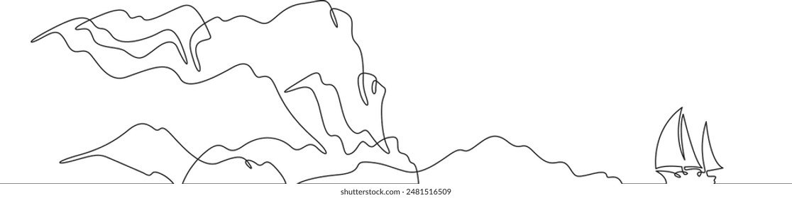 Cliff in the sea. Sea cliffs. Sailing yacht off the coast. Rocky shore. Bay in the ocean.One continuous line drawing on a white isolated background. Minimalism linear illustration.