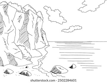 Cliff sea coast graphic black white landscape sketch illustration vector 