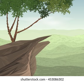 Cliff and tree scene vector nature landscape background
