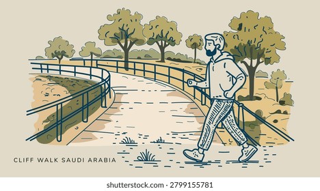 Cliff walk hand-drawn vector illustration in Riyadh, Saudi Arabia,perfect for travel tourism promotion, postcards, posters, editorial articles, and cultural designs.