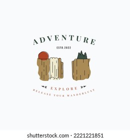 Cliff waterfall adventure vintage logo vector illustration design. Simple adventure label concept. Cliff waterfall with pine forest and sunset.