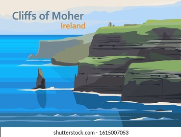 Cliffs of Moher, Sea cliffs located at the southwestern edge of the Burren region in County Clare, Ireland, vector illustration