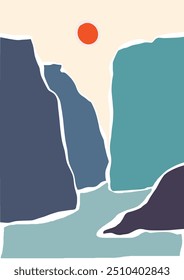 cliffs and rivers hand draw lanscape panorama. Organic doodle shapes matisse style, naive art, contemporary backgrounds. Sea and cliffs vector illustration