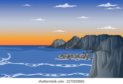 Cliffside beach at dawn scene illustration