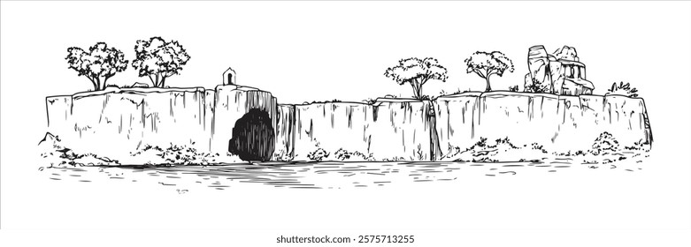 cliffside with cave and ancient ruins hand-drawn sketch doodle