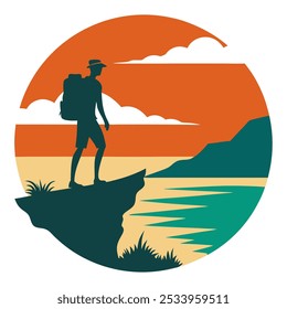 Cliffside Hiker Silhouette with Ocean View on Retro Vintage Background Vector Art Illustration T-shirt Design Art.

