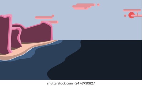 Cliffside Serenity: Beach with Tall Cliffs and Sparse Clouds Illustration