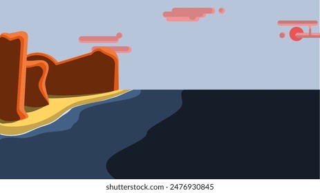 Cliffside Serenity: Beach with Tall Cliffs and Sparse Clouds Illustration