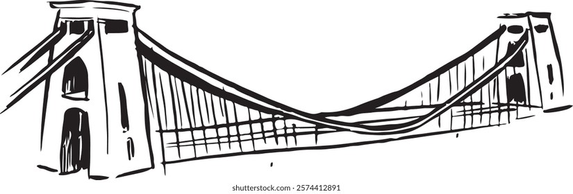 Clifton Suspension Bridge, Bristol, England black and white ink sketch. Iconic Victorian engineering landmark with design spanning the Avon Gorge. Perfect for tourism, travel, and cultural heritage