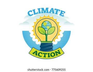 Climate Action, Climate Change Movement Vector Logo Badge With Earth, Bulb And Leaves.