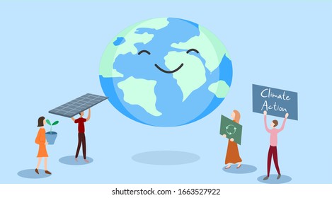 Climate Action Concept Of Sustainable Development Goal, Earth Day And Earth Hour Theme 2020. Urban Forest, Clean Energy And Reduce Waste With Recycle Process. Vector Illustration, Flat Design