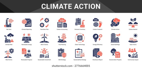 CLIMATE ACTION  Icon set collection. Vector icon pack featuring thematic icons for your presentations or business.