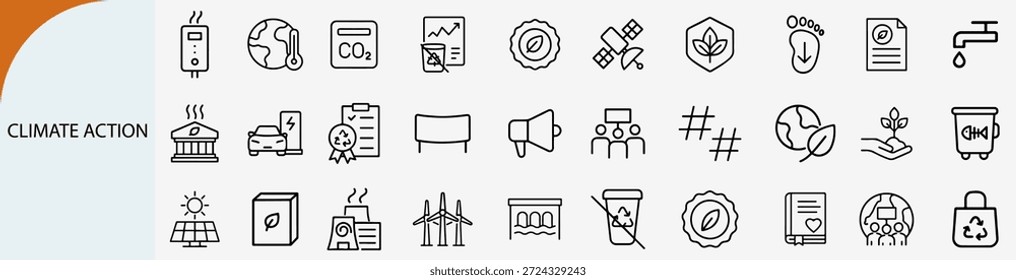 Conjunto de iconos de acción climática, calentamiento global, conservación del medio ambiente, vector de contorno plano