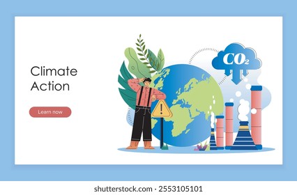 Climate action landing page. Man near factory with co2 emissions. Caring for nature, ecology and environment. Eco friendly activist. Flat vector illustration isolated on blue background