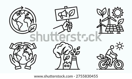 Climate action outline icon set featuring climate activism and protest with environmental sustainability concepts in vector line style.