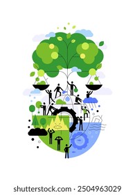 Climate action. People together growing sustainable world and fighting with climate disasters. Modern flat illustration. Vector file.