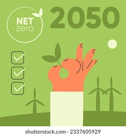Climate action plan 2050. Zero co2 emissions. A man's hand holds the leaves of a plant against the background of windmills for generating clean energy. Illustration for web and applications.